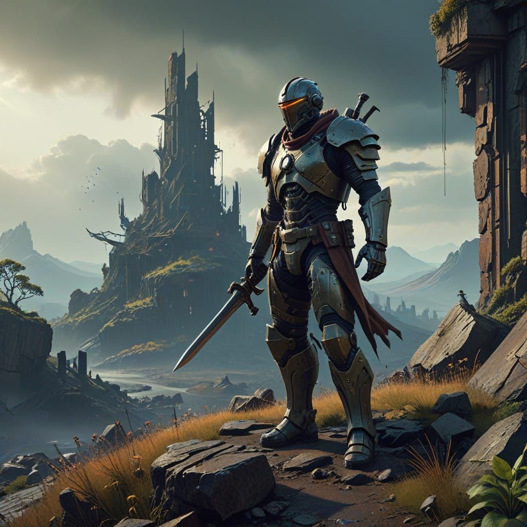 Warrior Gazes Upon Ruined Sci-Fi City