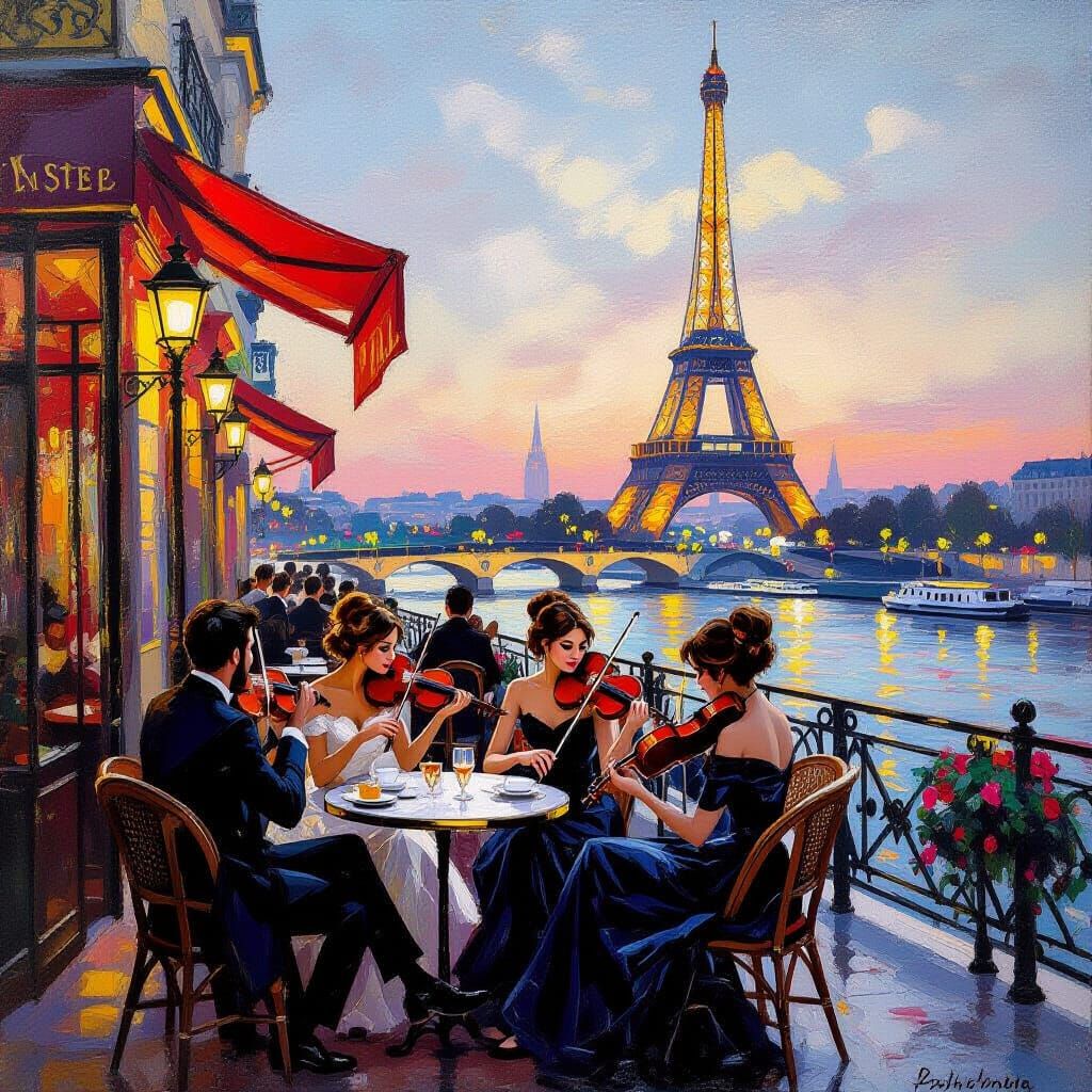Parisian Cafe at Twilight with Violinist and Eiffel Tower