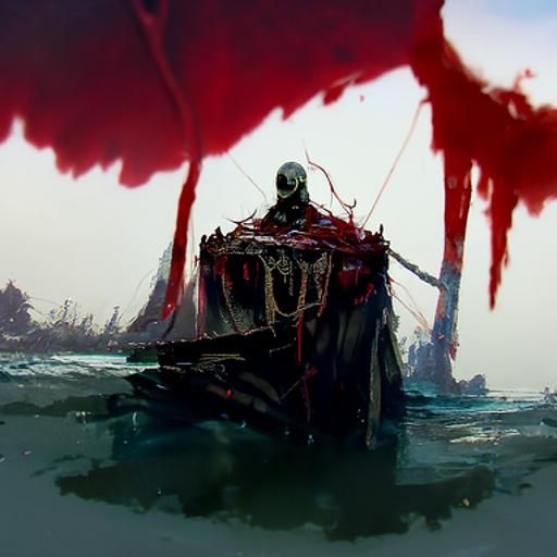 Sinister Decaying Ship on Blood Sea