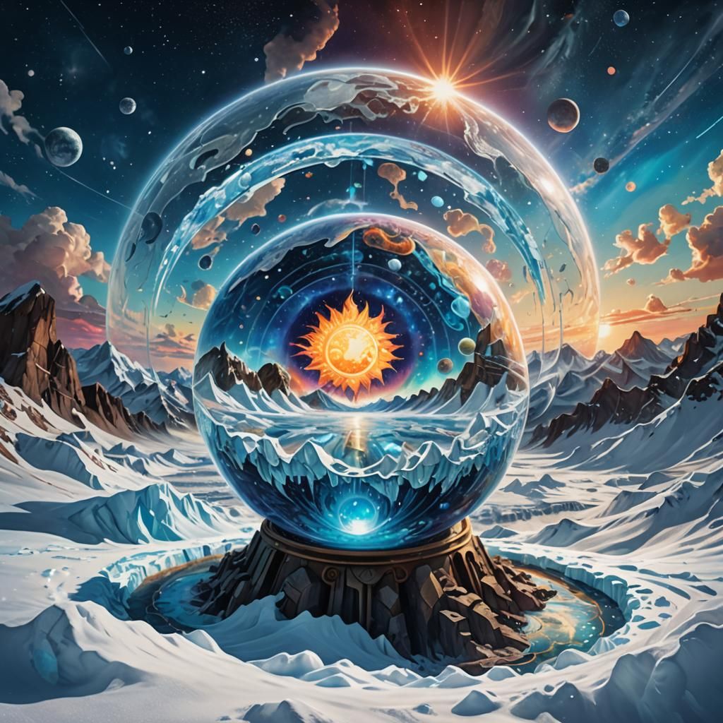 Flat Earth in Cosmic Snow Globe, Surreal Illustration