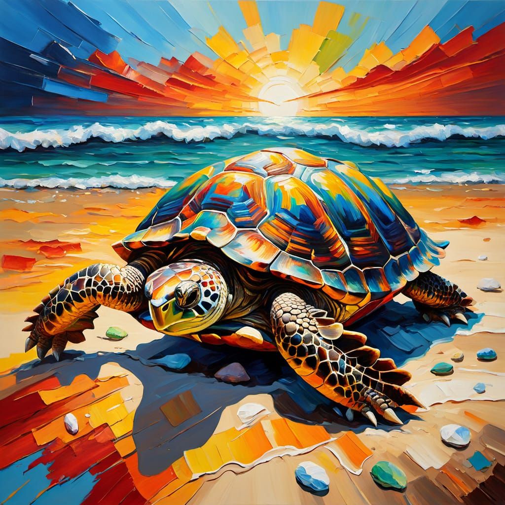 impasto tortoises on beach shore