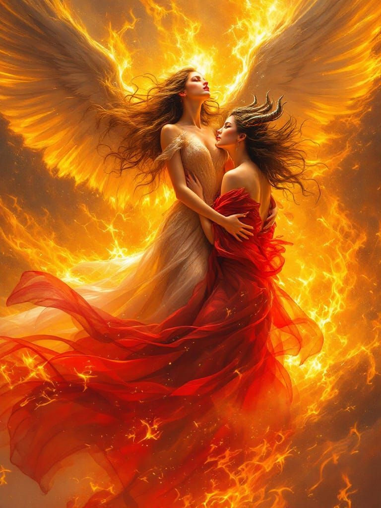 Celestial Woman and Fiery Demon Embrace