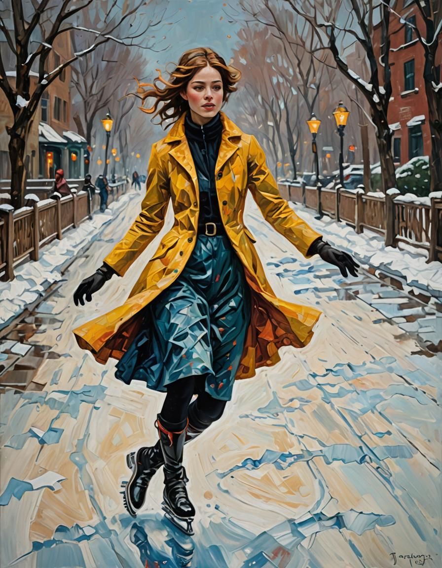 Impressionist Woman Ice Skating as Oil Painting