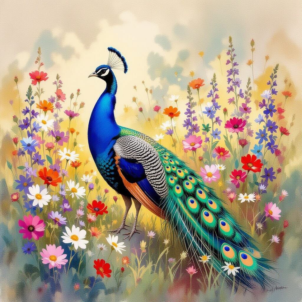Majestic Peacock in Wildflower Field, Watercolor Style