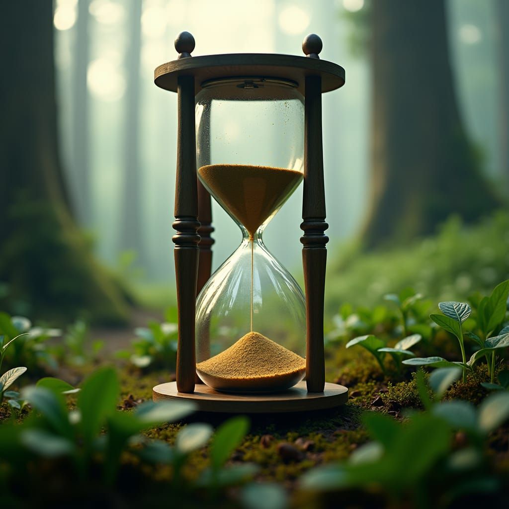 Hourglass in Misty Forest: Hyperrealistic 35mm Film