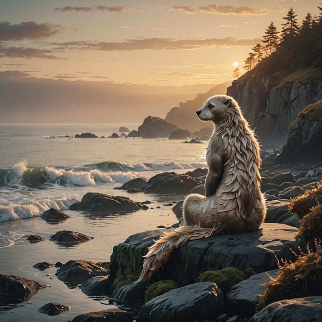 Ethereal Selkie on Rocky Shoreline at Sunset