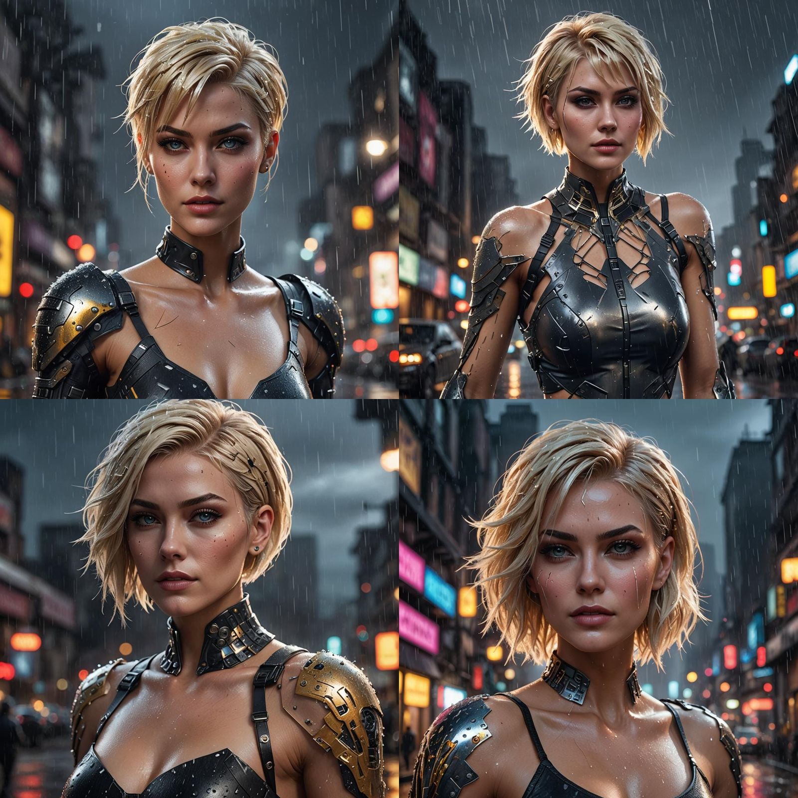 Cyberpunk Woman with Undercut Hairstyle in the Rain
