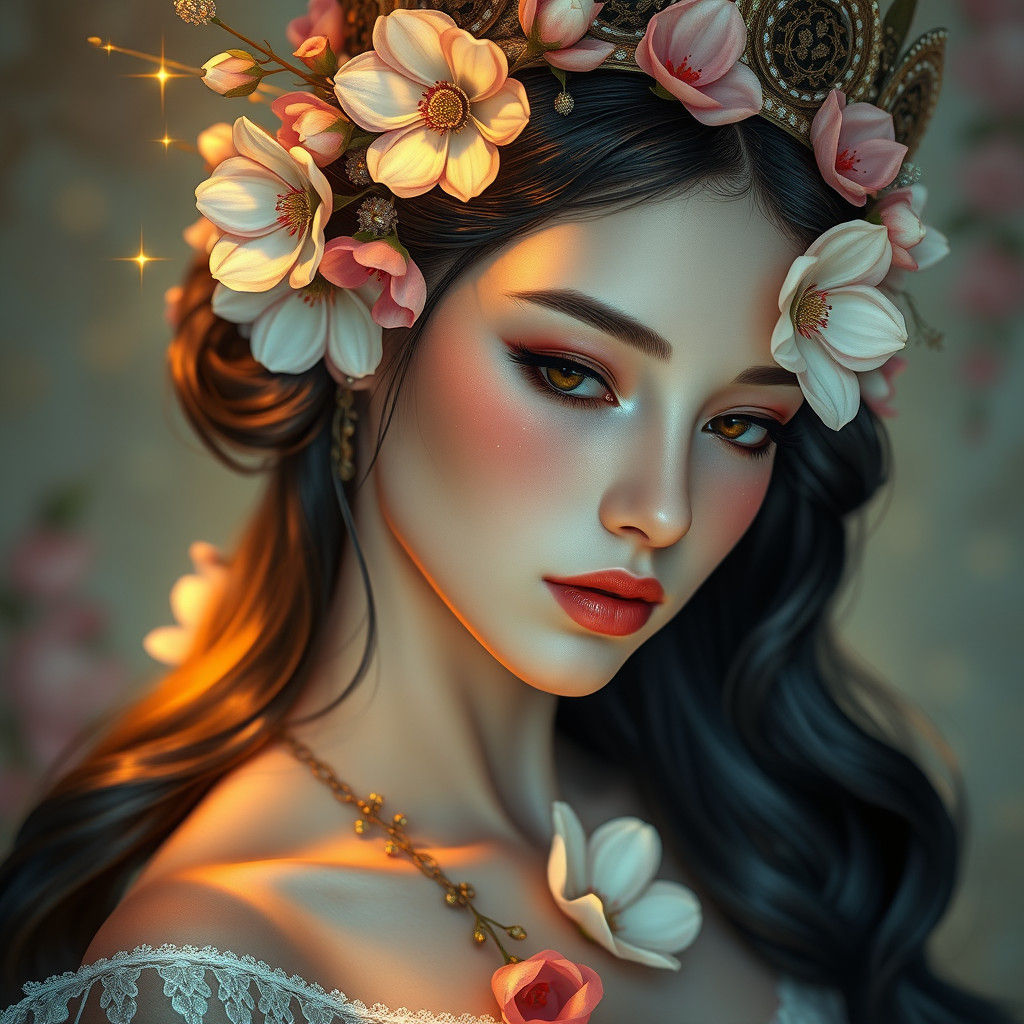 Regal Fantasy Flower Girl in Art Nouveau Style