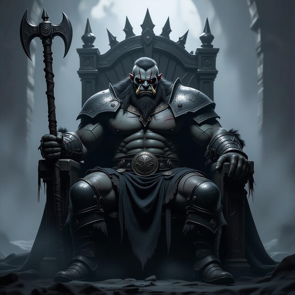 Muscular Orc Champion on Bone Throne in Gothic Style