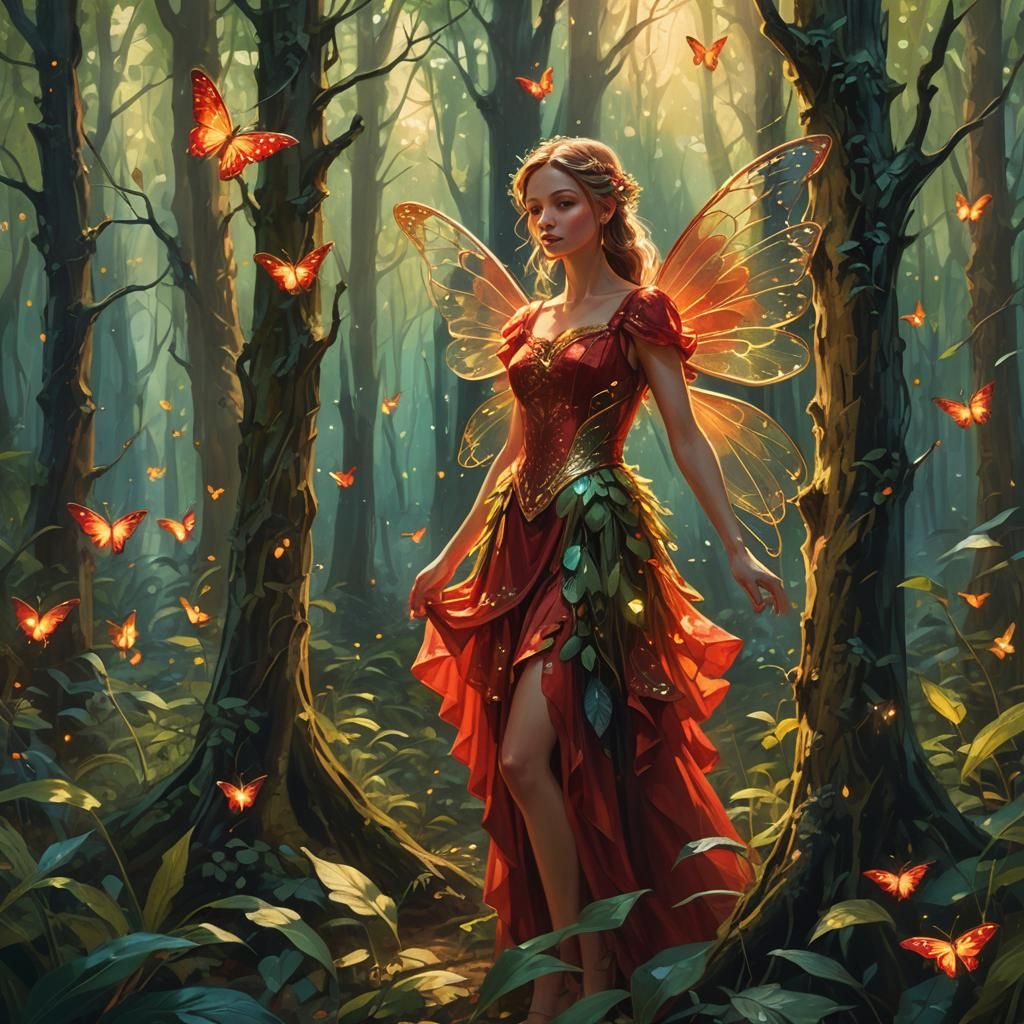 Fairy in Red Dress in Enchanted Forest
