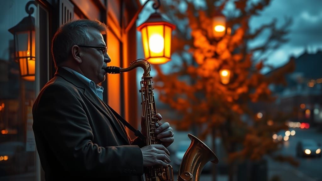 Musician Plays Saxophone in Illuminated Autumn City