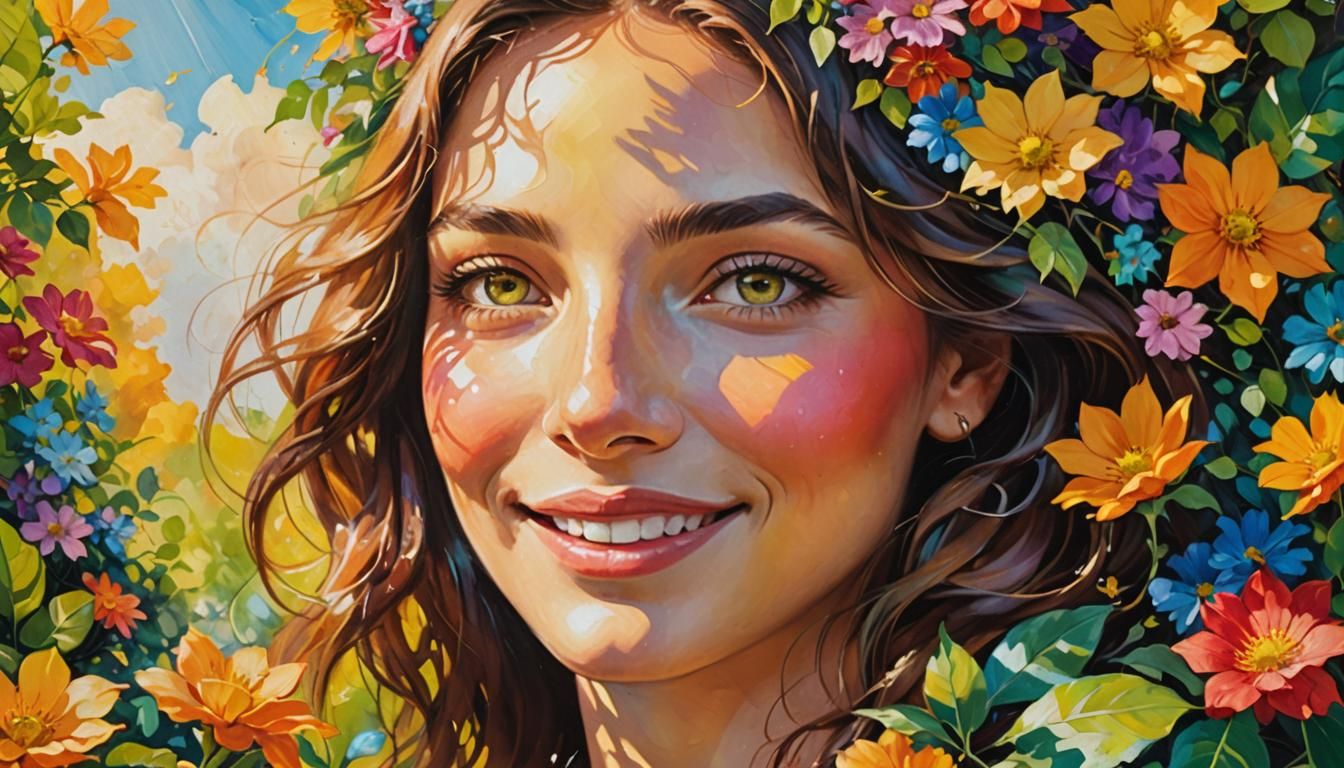 Serene Face Surrounded by Flowers: An Oil Painting