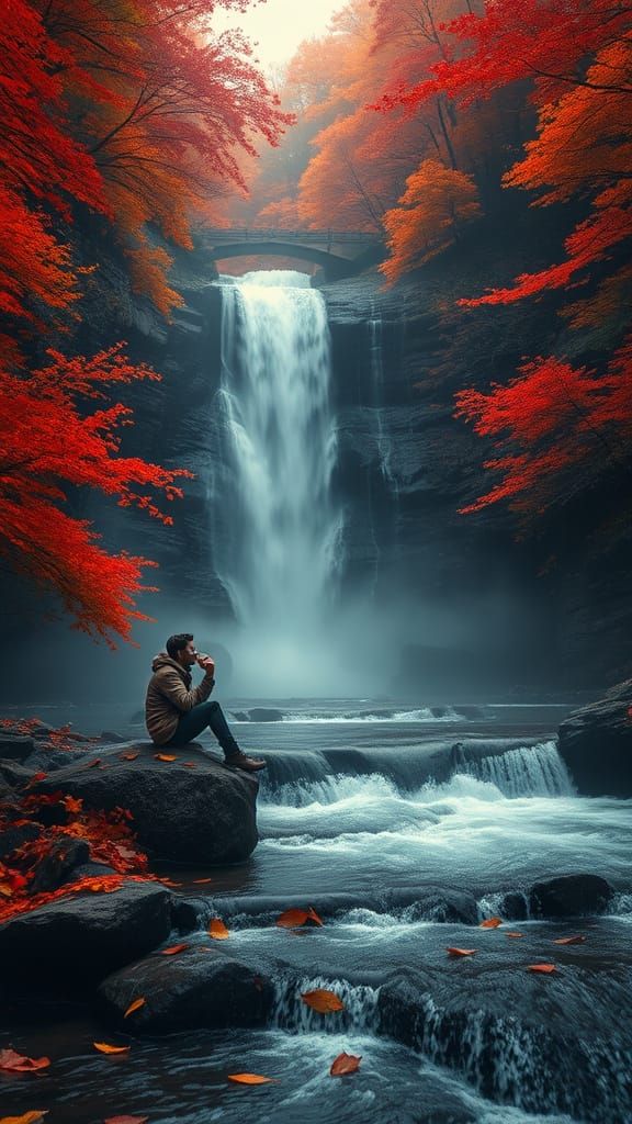Autumn Waterfall With Lone Traveler In Warm Forest