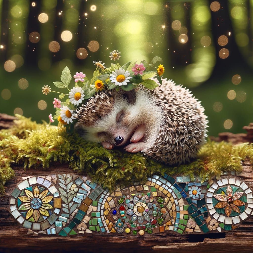 A tiny hedgehog, adorned with a crown of wildflowers, curled...