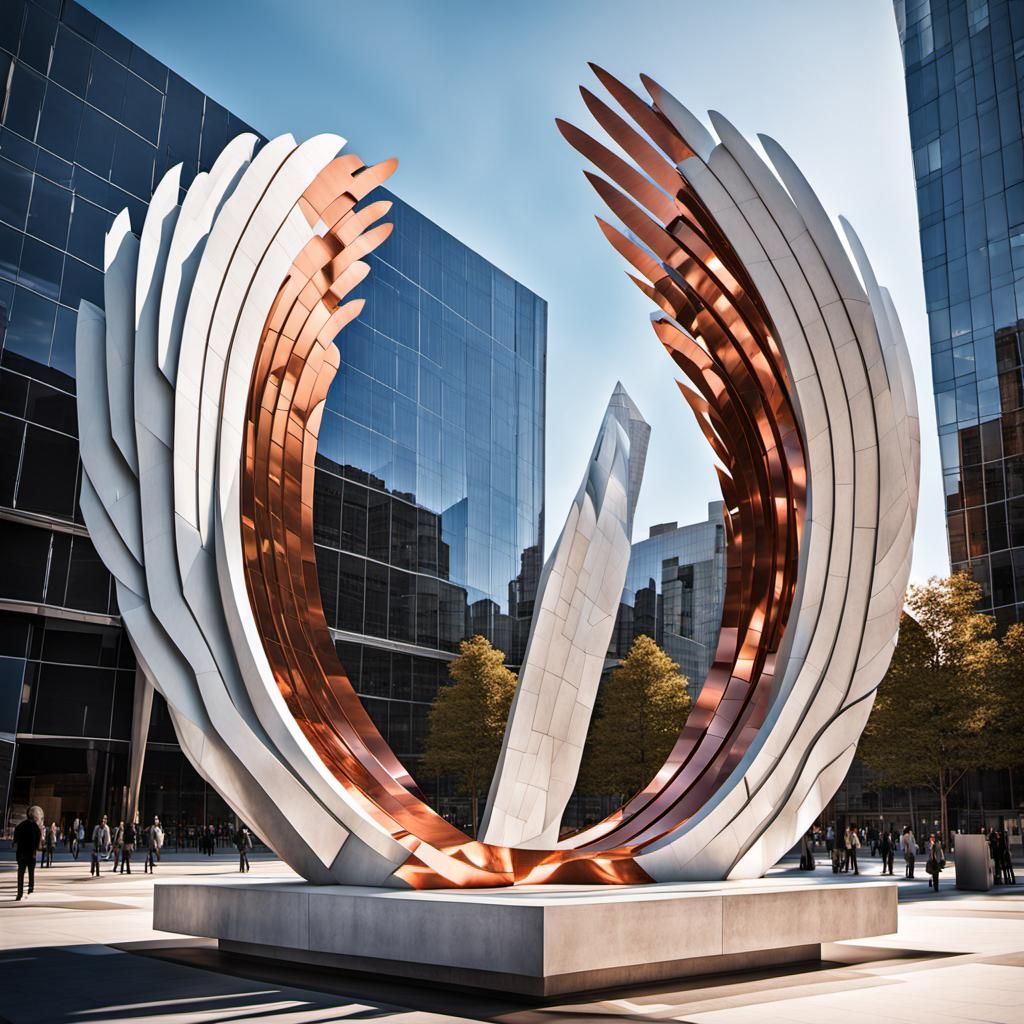 Urban Sculpture: Copper Wings Ascending in City Square