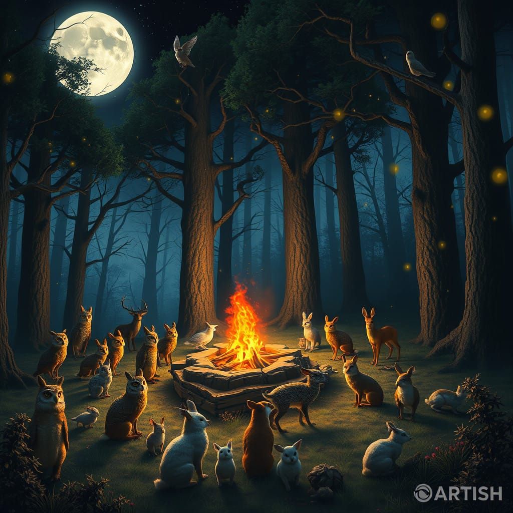 Mystical Woodland Creatures Gather Around a Roaring Bonfire