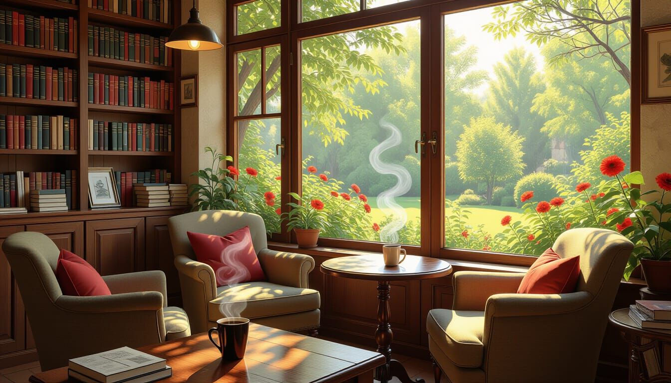 Sun-Drenched Coffee Shop Interior Oil Painting