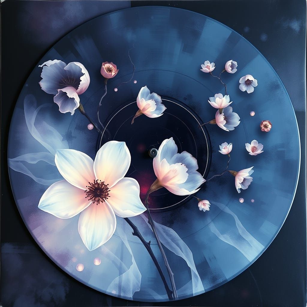 Ghostly Floral Vinyl Record Art in Surrealist Style