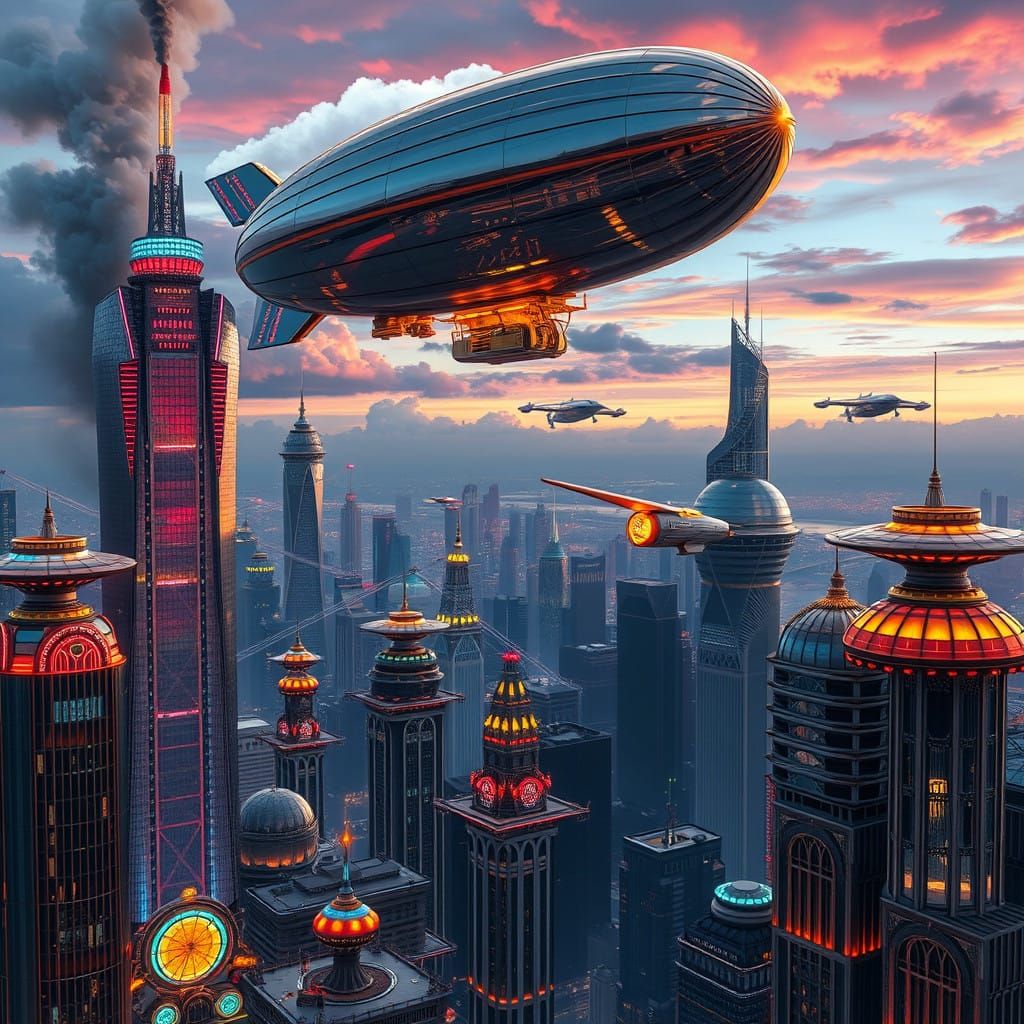 Surreal Futuristic Metropolis in Art Deco Steampunk Style