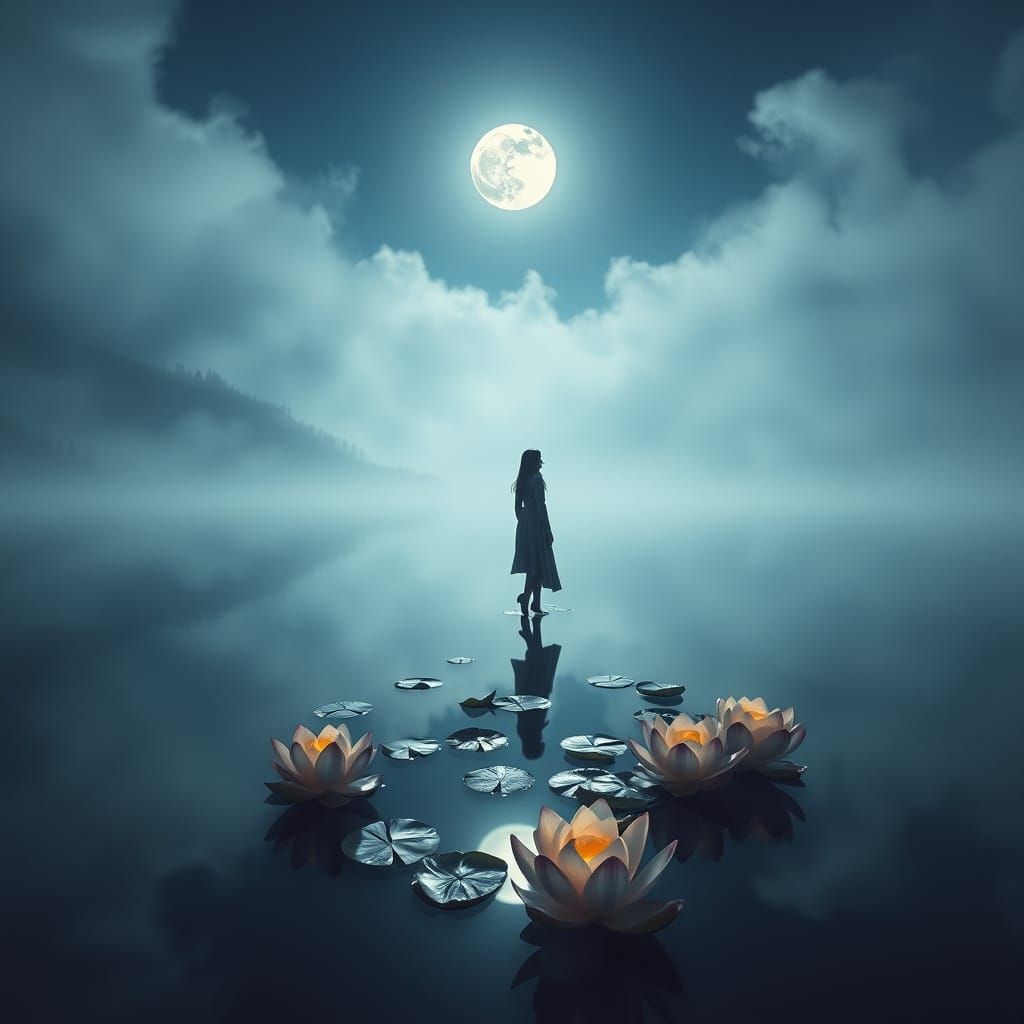 Ethereal Woman Standing on Misty Lake's Edge at Full Moon