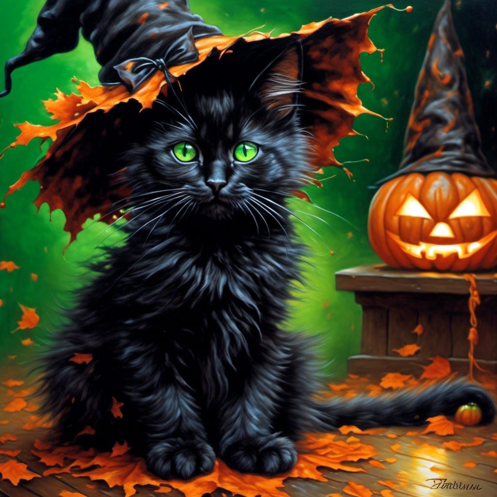 Halloween Kitten in Witch Hat with Jack O'Lantern