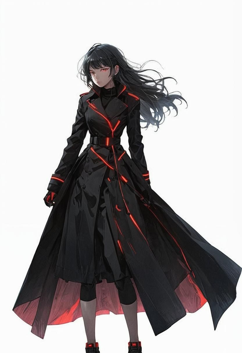 Anime Model in Neon Cityscape with Trench Coat