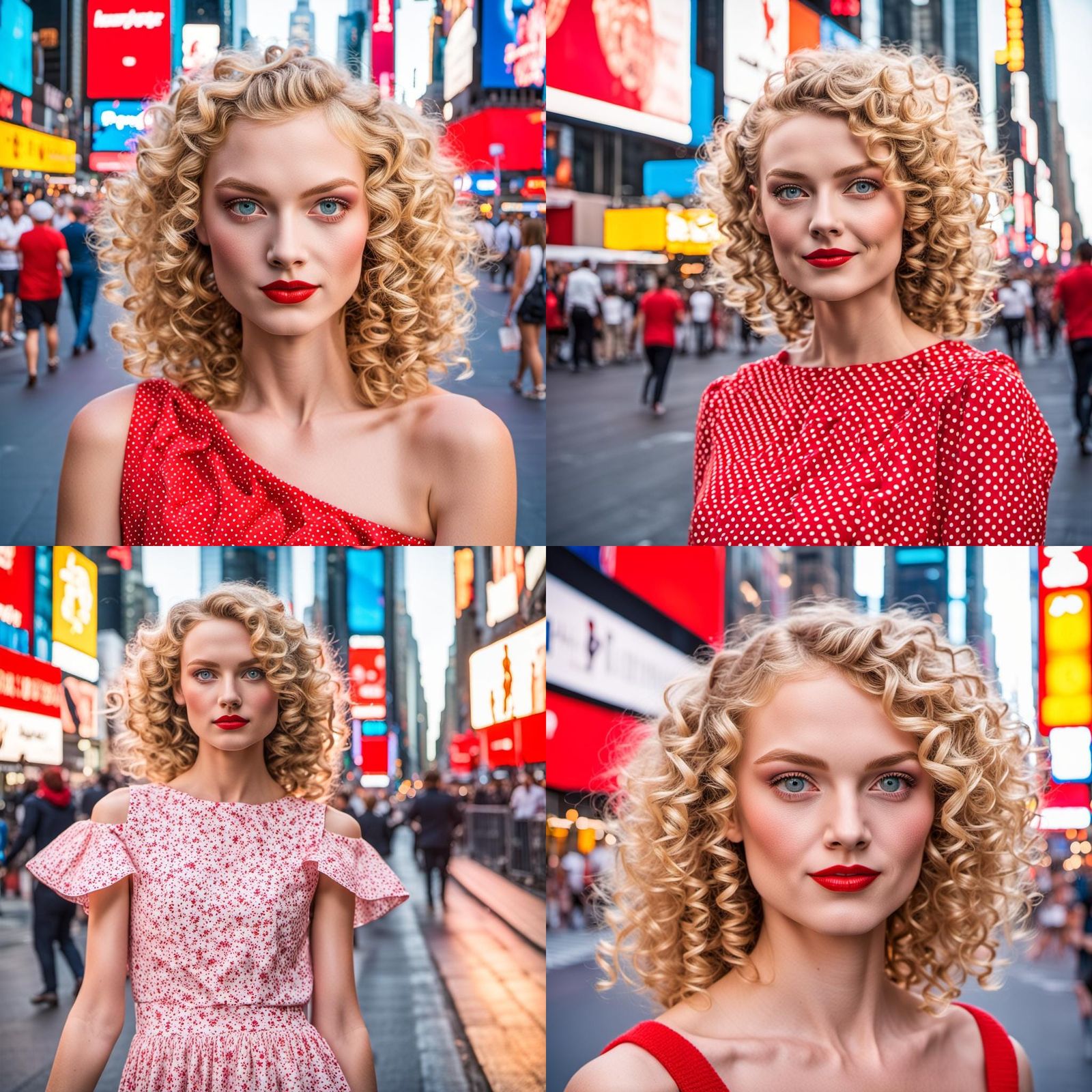 Blonde Model in Red Dress in Times Square