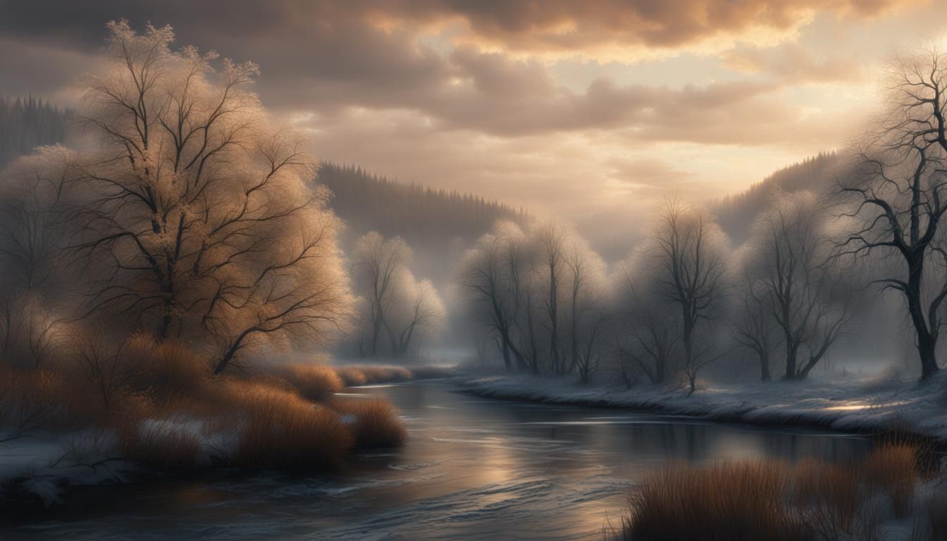 Serene Winter River Scene: Digital Matte Painting