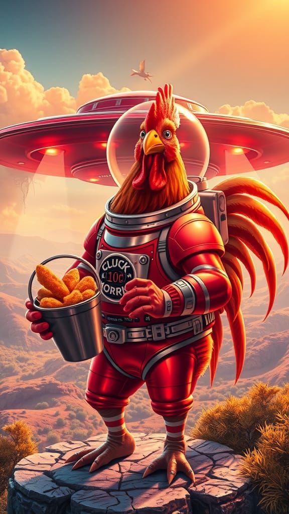 Astronaut Rooster with Fried Chicken Spaceship