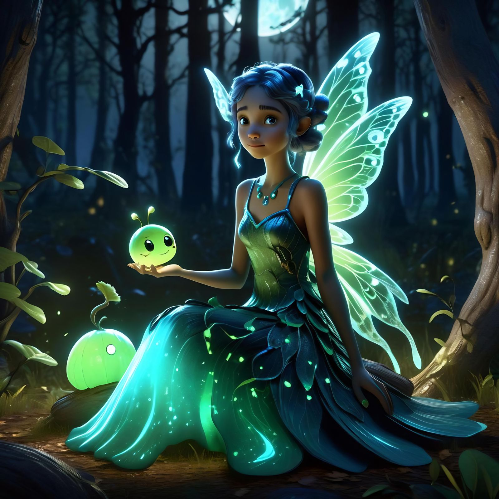 Luna Fairy with Pet Caterpillar in Forest, 3D Render