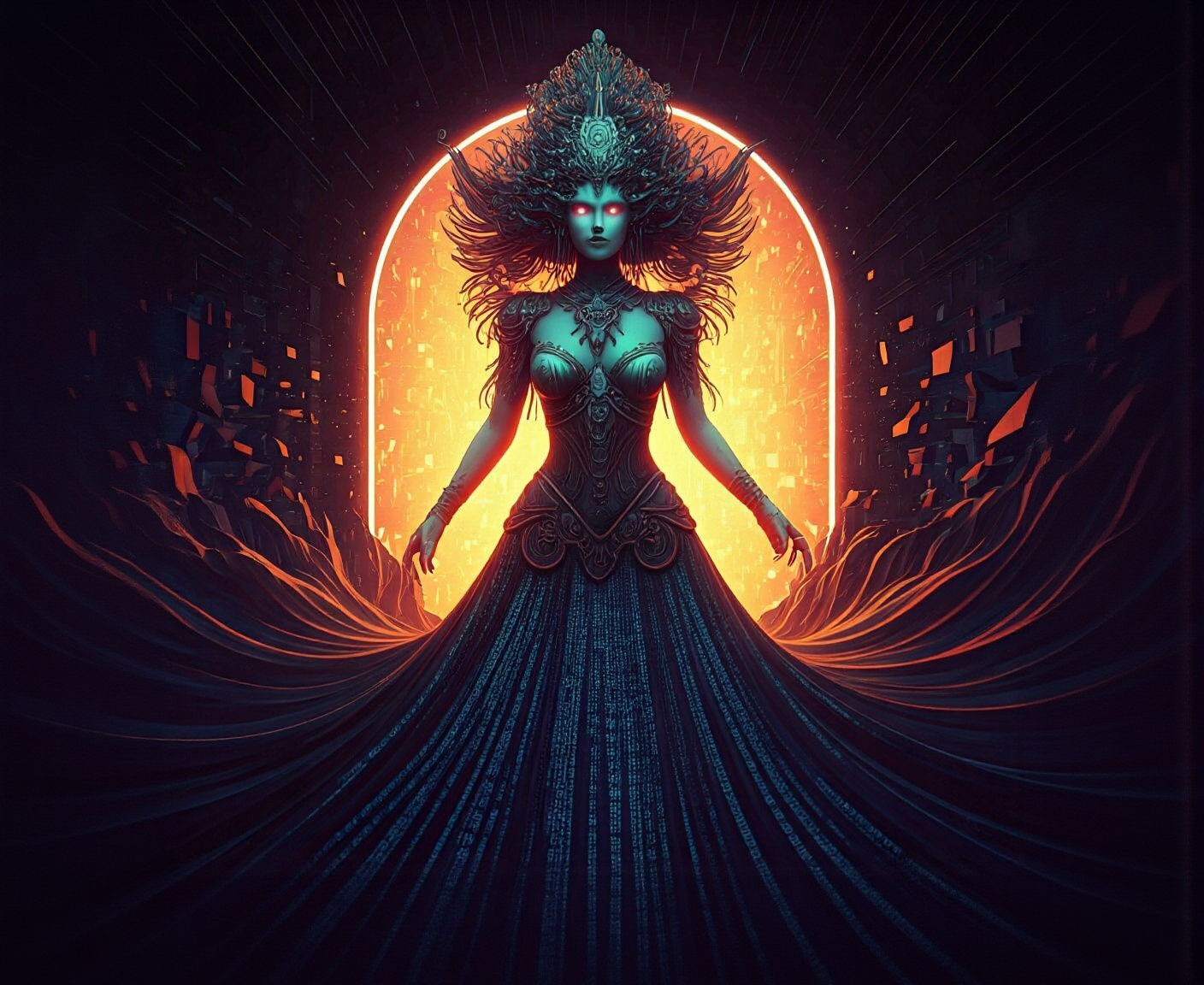 Digital Sorceress Before Glitched Portal in Art Nouveau Styl...