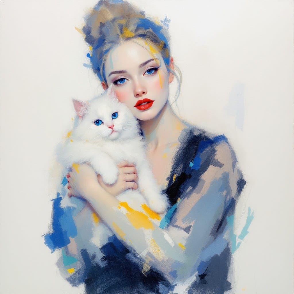 Soft Pastel Portrait of a Woman with a Cat in a Monochromati...