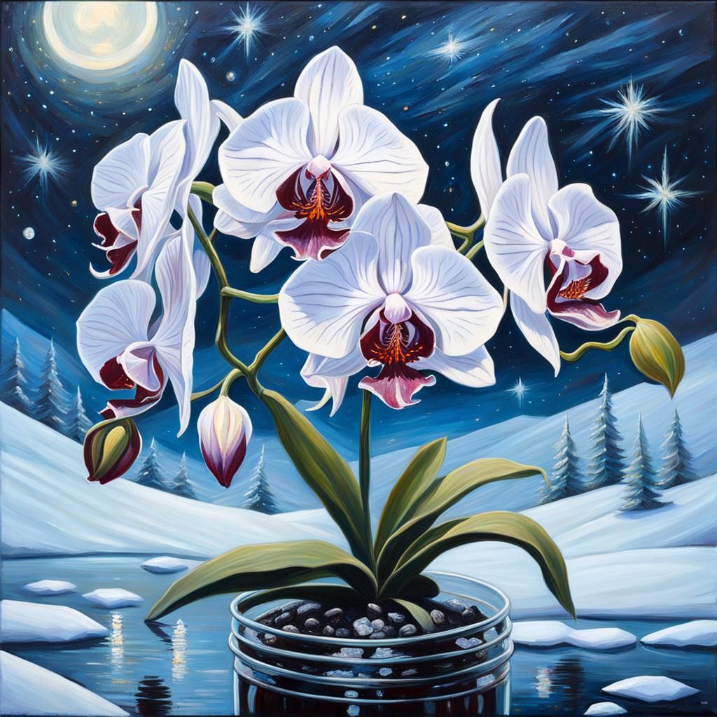 Frozen Glass Orchid Under Starry Night, Acrylic Painting