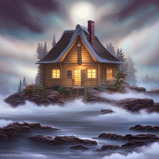 Log Cabin on Floating Island: Ethereal Fantasy