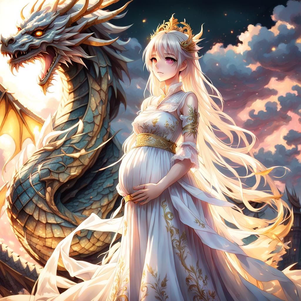 Pregnant Anime Girl Portrait with Dragon, Hyperrealistic Sty...