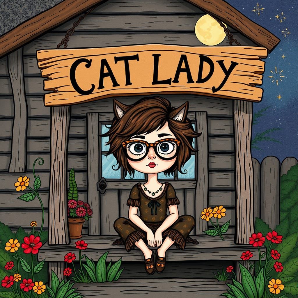 Surreal Emo Bohemian Woman Enjoys Whimsical Childless Cat La...