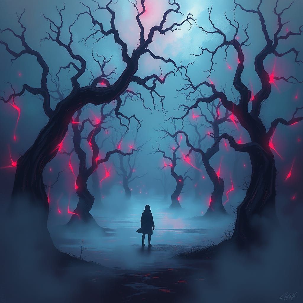 Mysterious Figure in a Haunting, Neon-Lit Landscape