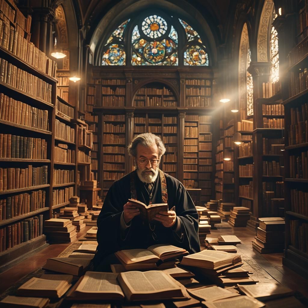 Scholar Reading Ancient Tome in Ornate Library