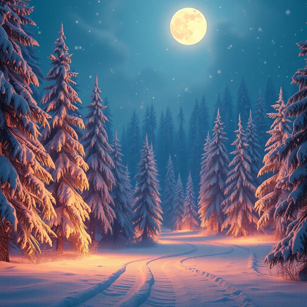 Serene Winter Wonderland in Cyberpunk-Inspired Fantasy Setti...