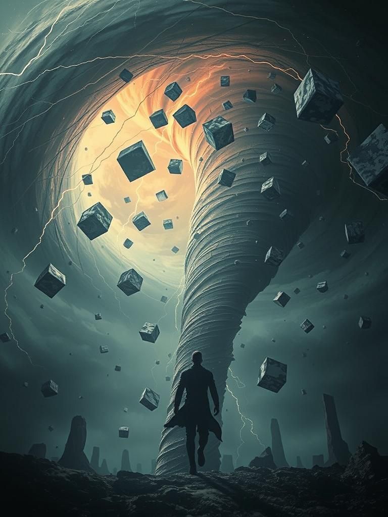 Humanoid Figure Levitating Inside a Cyberspace Tornado