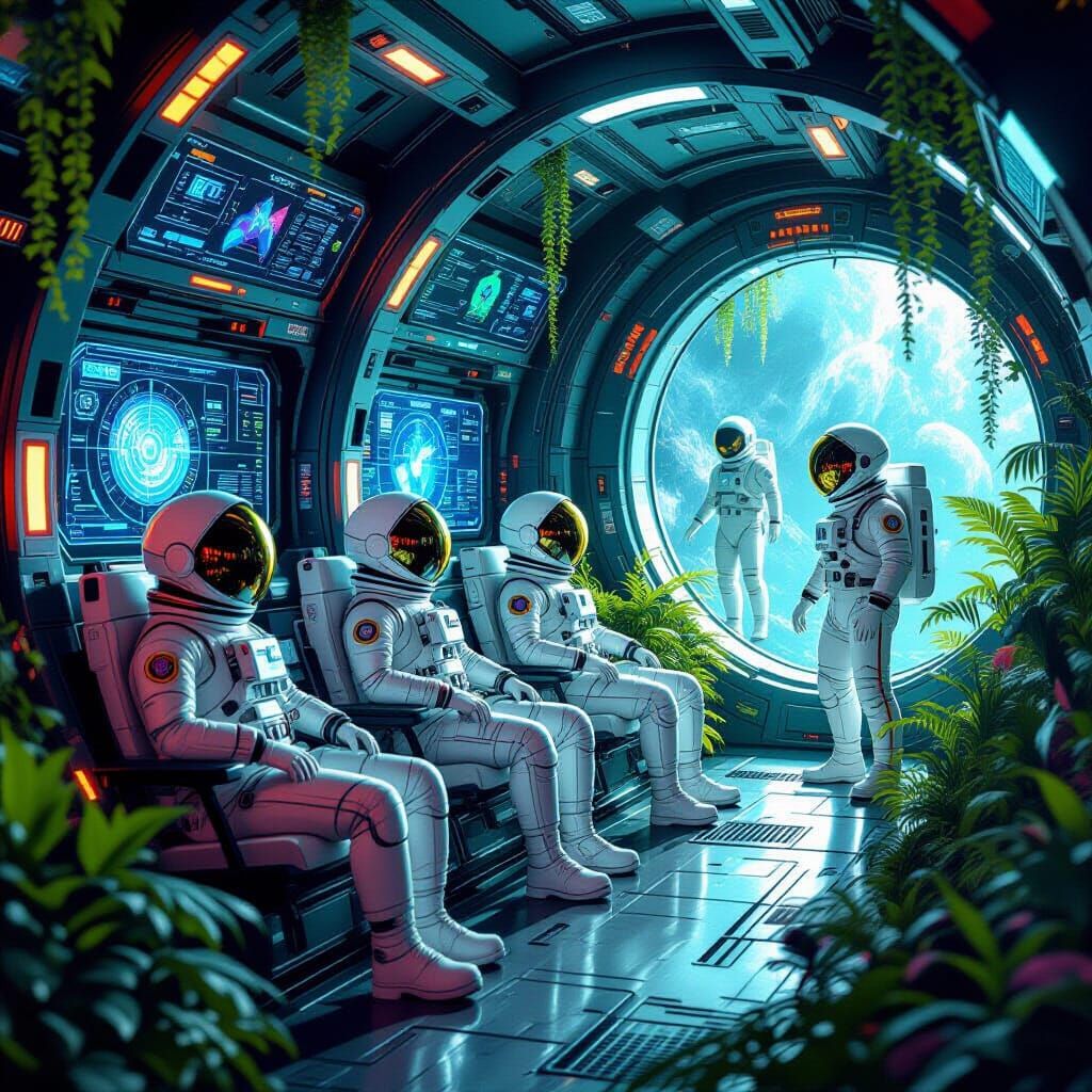 Futuristic Spaceship Interior with Alien Life, Surreal Style