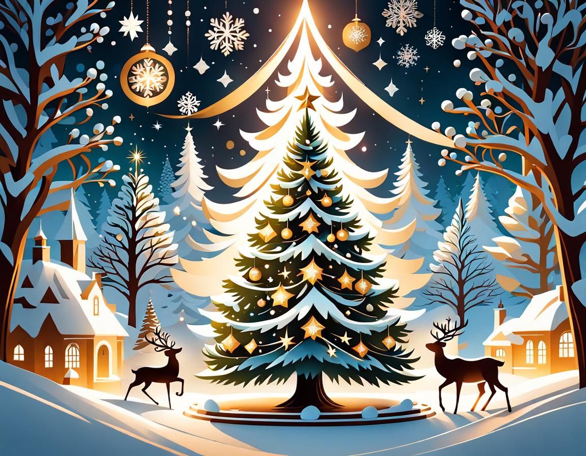 Christmas Scene with Angels and Reindeer