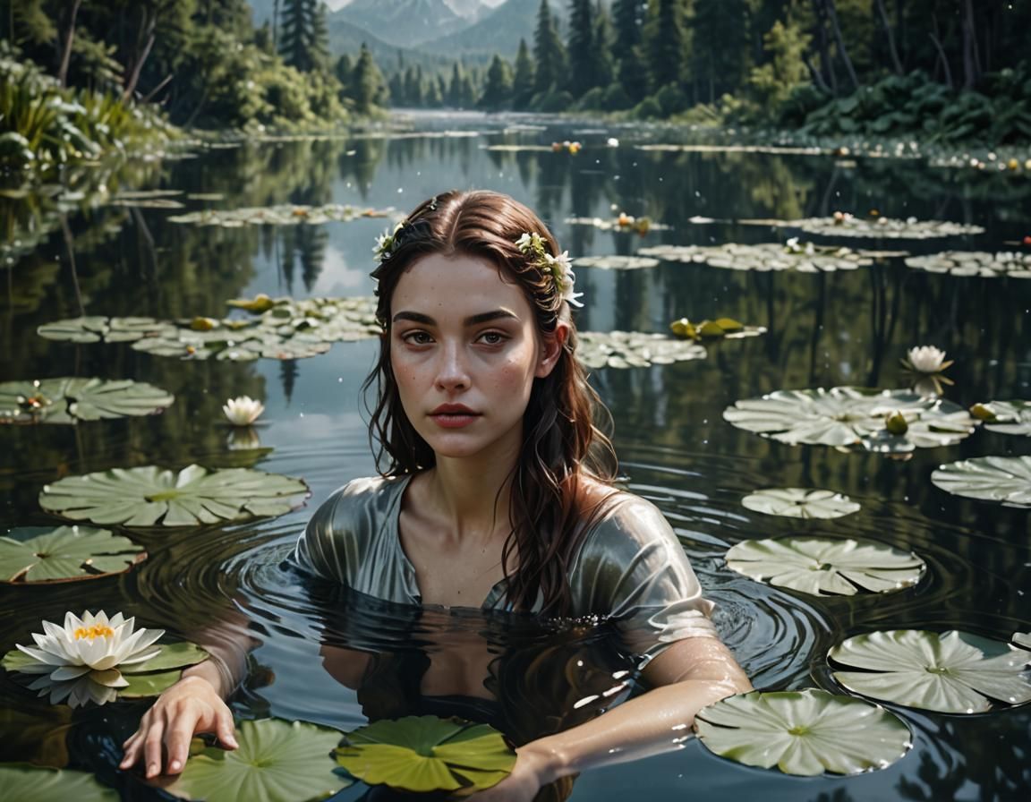 Woman Swimming in Water Lilies: Hyper-Realistic Digital Art