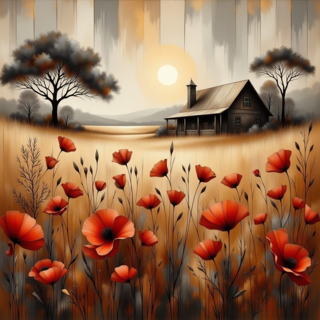 Farmhouse in Abstract Romanticism with Poppies