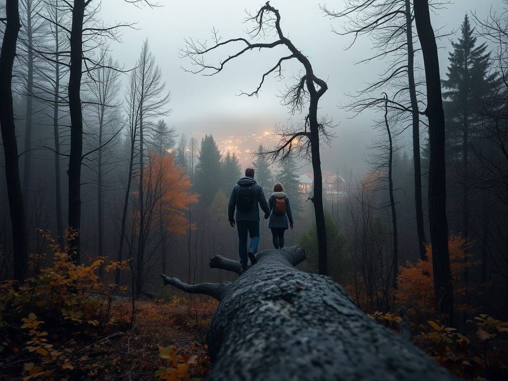 Misty Autumn Forest Scene in the Alps