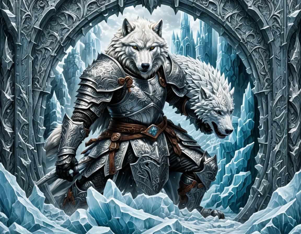 Iced Wolf Knight in Hyperrealistic Frozen Scene