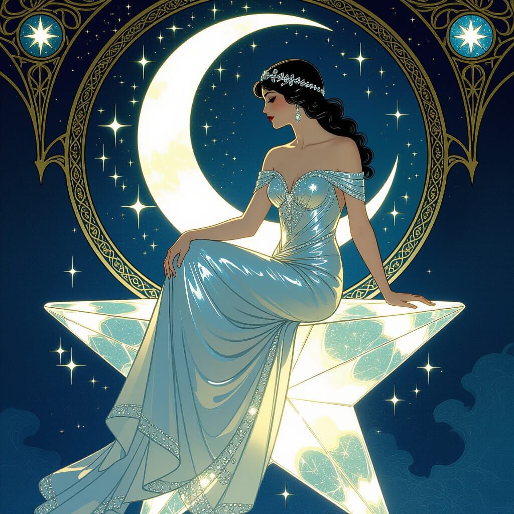 Ethereal Woman in Crystal Dress on Glowing Star