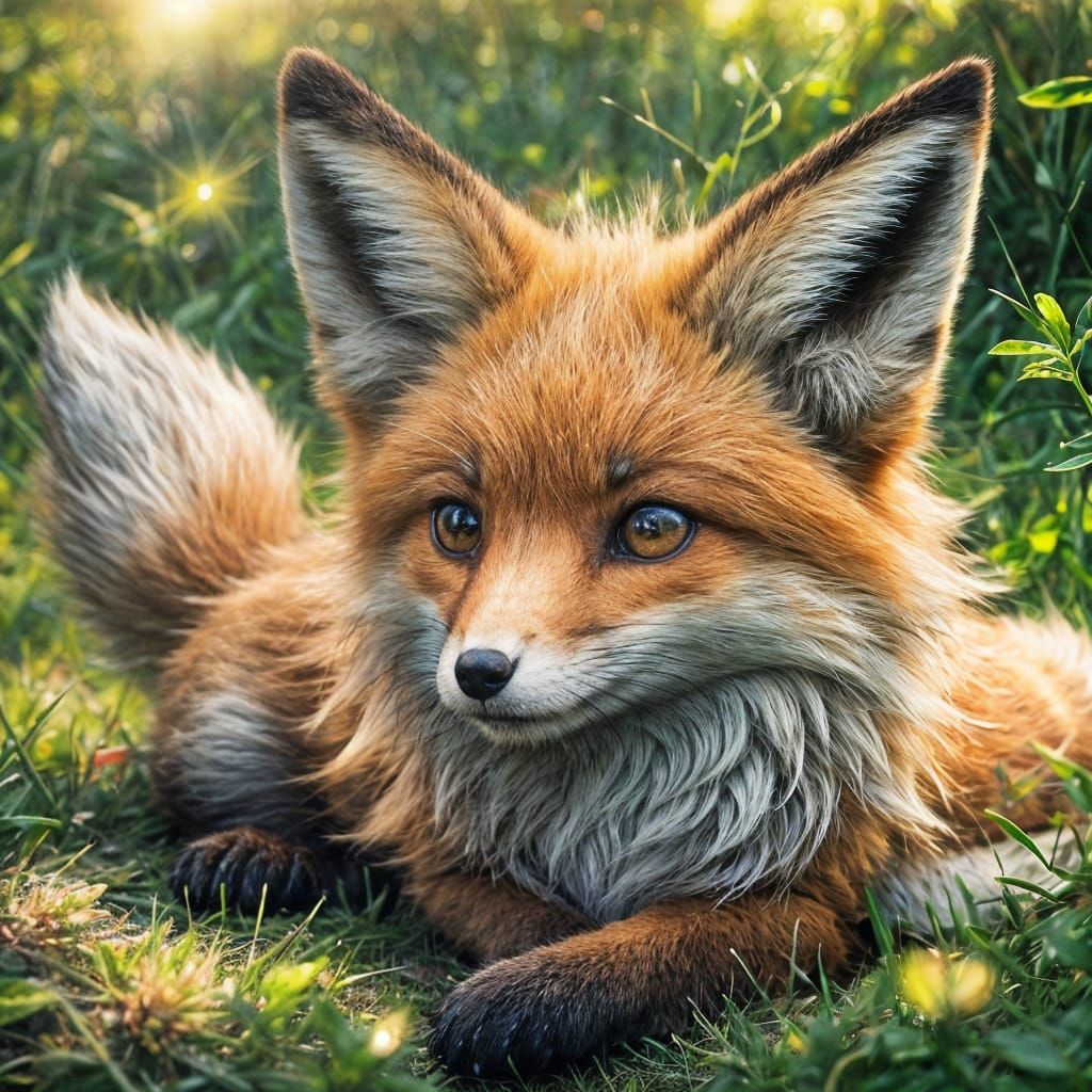 Adorable Baby Fox Hiding in Grassy Meadow