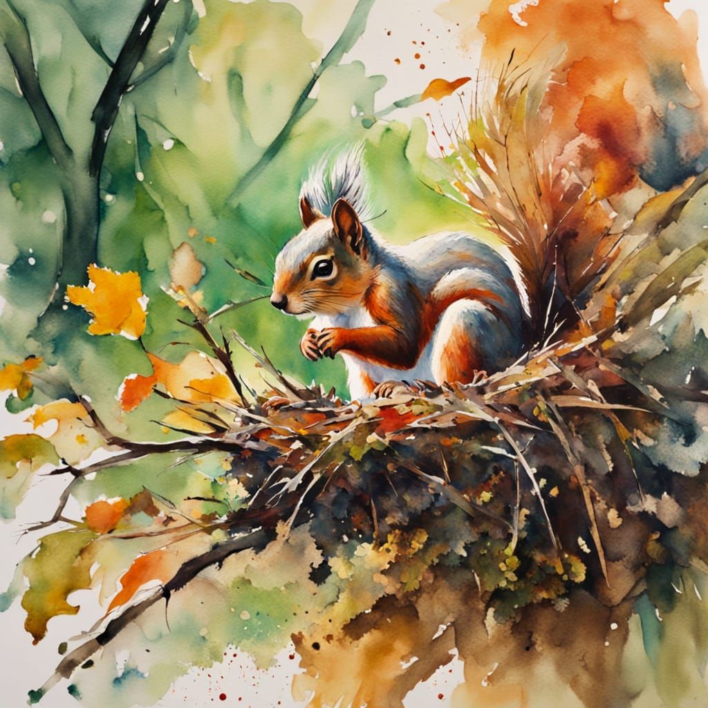 Squirrel Builds Winter Nest in Pine Tree Watercolor Art