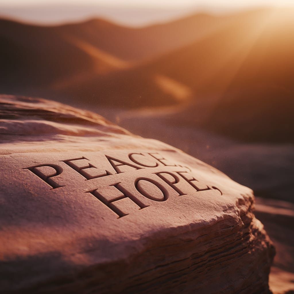 Peace, Love, Hope Etched in Sandstone at Sunset